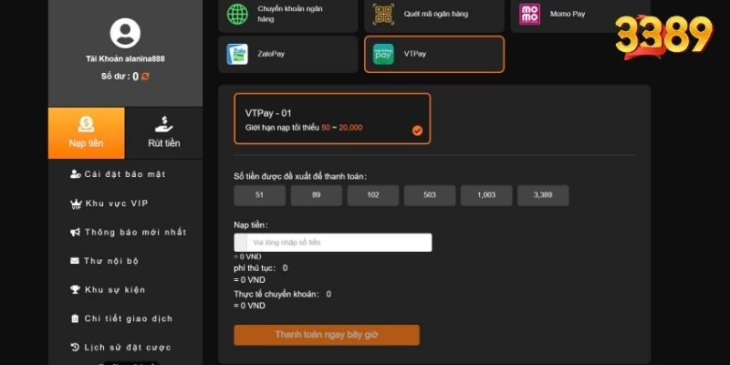 Nạp vốn qua dịch vụ VT Pay